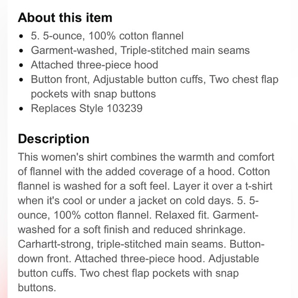 Carhartt Women’s Relaxed Fit Flannel Hooded Plaid shirt sz M (8-10) - Picture 5 of 10